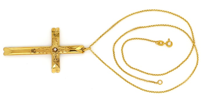 Foto 1 - Biedermeier Diamant Kreuz Anhänger Schaumgold Goldkette, Q1393